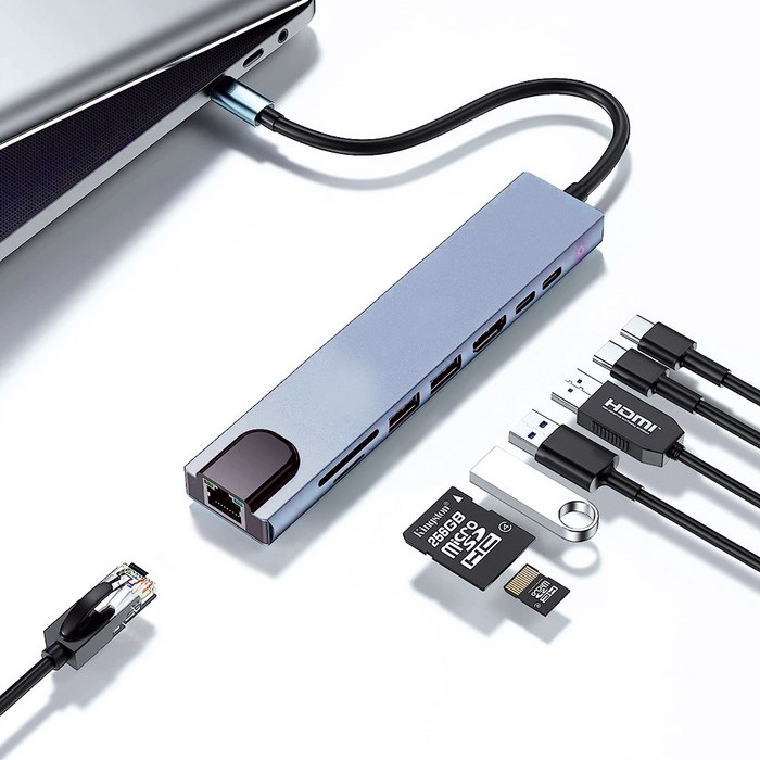 아모란나 C타입 8in1 멀티허브 8포트 USB3.0 이더넷 (USB*2 타입C*2 이더넷 HDMI SD), 혼합색상 대표 이미지 - 멀티허브 추천