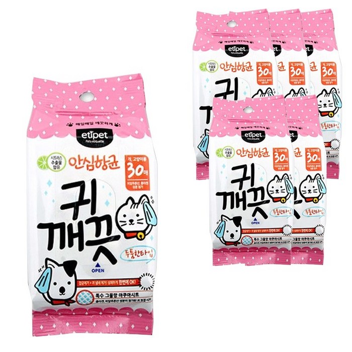 에티펫 반려동물용 귀 깨끗 세정 물티슈 30p, 150g, 6팩 대표 이미지 - 강아지 물티슈 추천