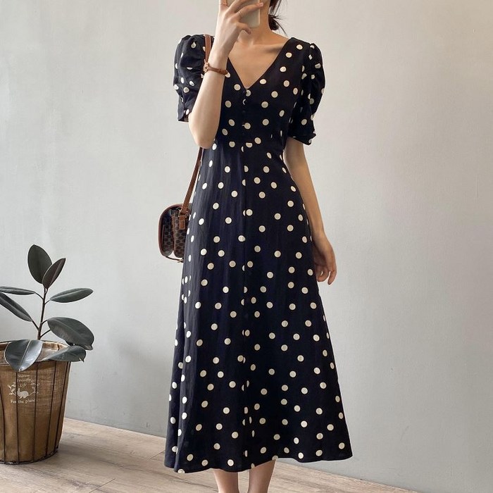 잇츠스타일 v넥 땡땡이 반팔 롱원피스 대표 이미지 - 땡땡이 원피스 추천