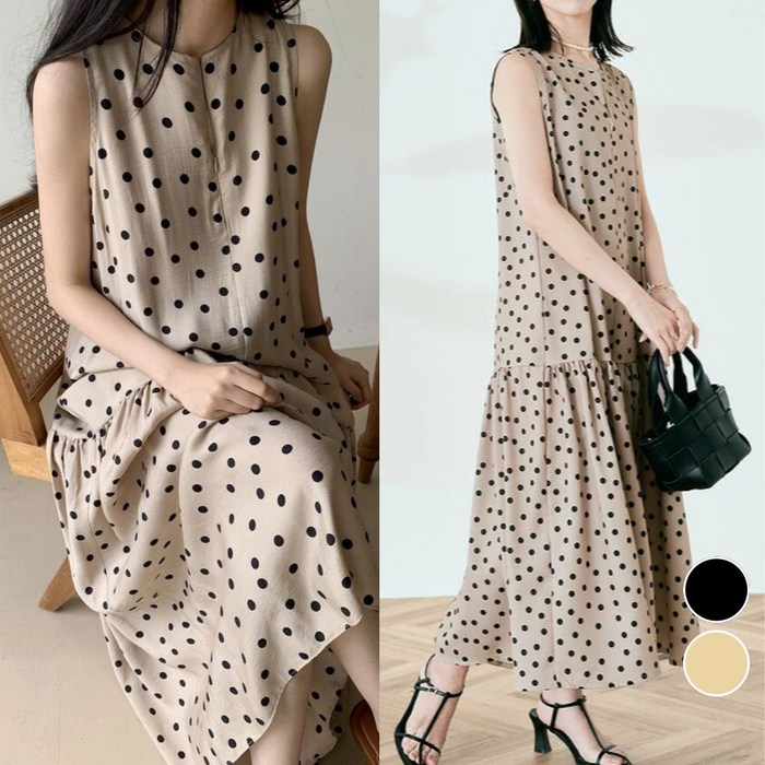 핏몬 여성 여름 도트 나시 롱 플레어 원피스