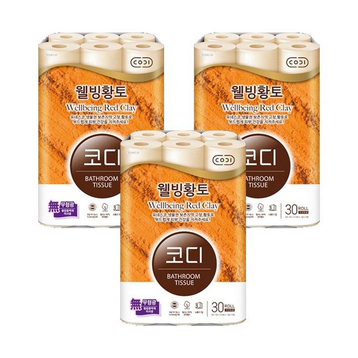 코디 고창황토 30M 30롤 화장지 x 3 (90롤)화장지 휴지 + 사자야로고 인증스티커, 1팩 대표 이미지 - 황토 휴지 추천