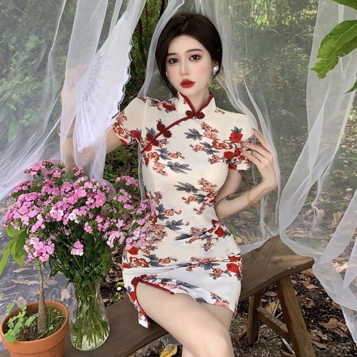 중국의상 빅사이즈 치파오 코스프레 미니원피스 플라워 파티복 코스튬 S/M/L/XL 대표 이미지 - 치파오 추천