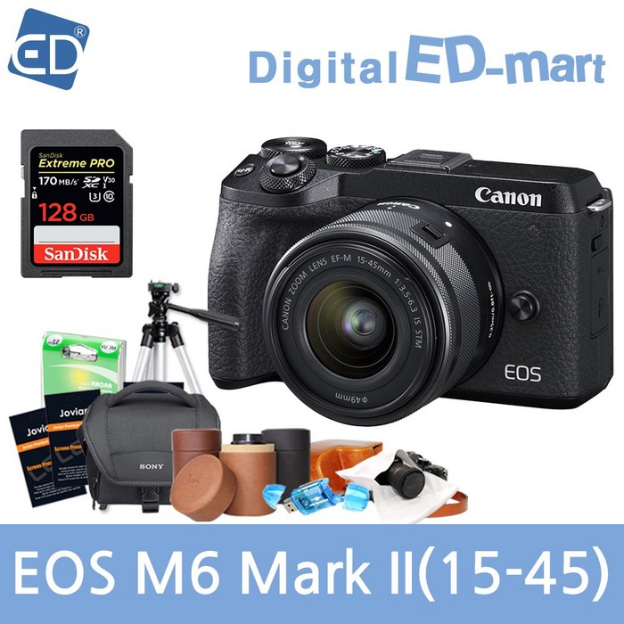 캐논 EOS M6 Mark II 15-45mm 128G패키지 미러리스카메라, 01 캐논 EOS M6 Mark II 15-45mm IS STM/128G+10종패키지 블랙 대표 이미지 - 캐논 EOS 미러리스 추천