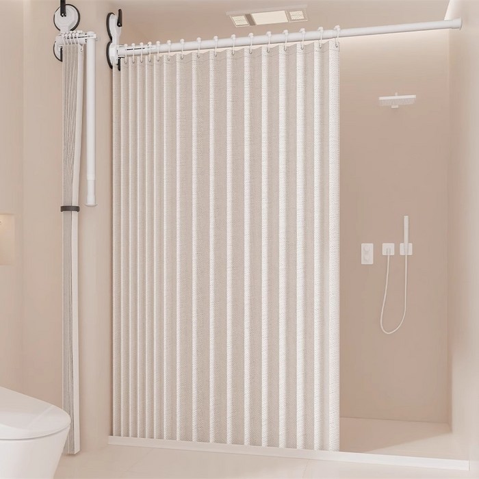 공간분리 욕실커튼 접이식 샤워커튼 화장실 방수 가림막 욕실 물막이 파티션 무타공 커튼  커튼봉  하단방수바 포함