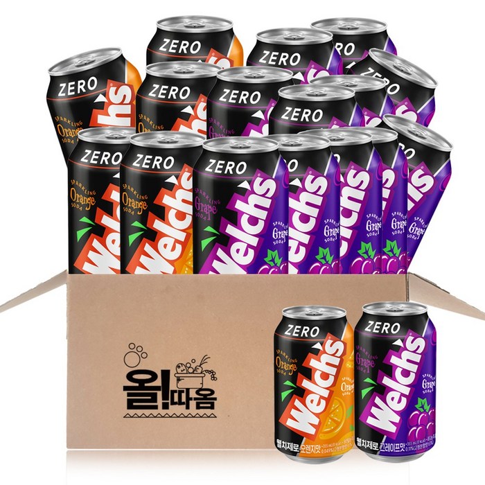 올따옴기획 웰치스제로 포도355ml 12+오렌지355ml 6, 웰치스제로 포도355ml 12개+오렌지355ml 6개 대표 이미지 - 오렌지 탄산음료 추천