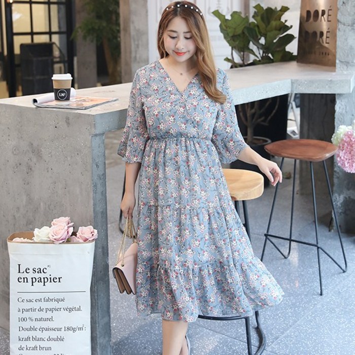 지패션 플라워 브이넥 쉬폰 빅사이즈 반팔 원피스 대표 이미지 - 땡땡이 원피스 추천