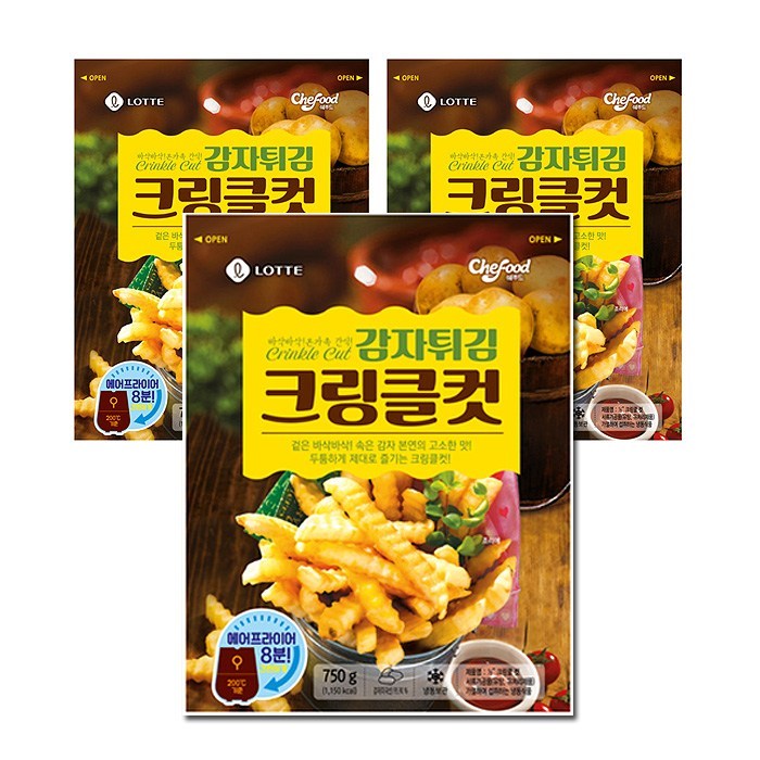 롯데 바삭바삭 감자튀김 크링클컷 750gx3봉, 1개 대표 이미지 - 크링클컷 감자튀김 맛있는거 추천