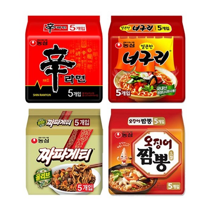 [농심] 베스트라면 기획팩 (신라면5P + 짜파게티5P + 얼큰한너구리5P + 오징어짬뽕5P), 1세트 대표 이미지 - 농심 라면 추천