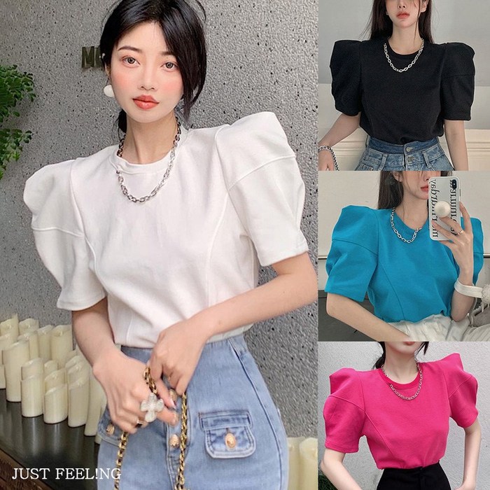 JUST FEEL!NG 퍼프소매 여름 예쁜 반팔티 박시핏 여성 벌룬 티셔츠 파티룩 편한 상의티 대표 이미지 - 퍼프티 추천