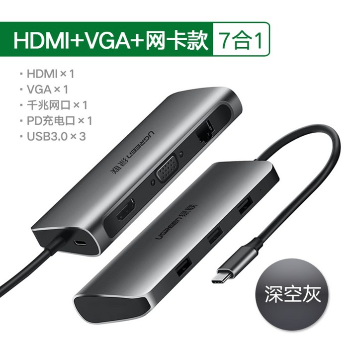 1HDMI HUB 맥북 허브 멀티포트, 7 in 1 HDMI+VGA+망카드 딥그레이 대표 이미지 - 7포트 HDMI 멀티포트 허브 추천