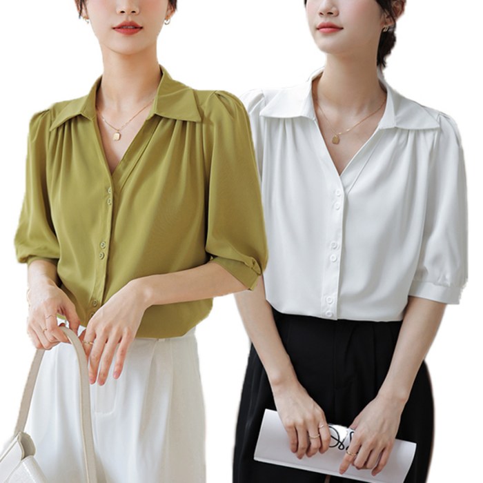 스타일아유 여성용 셔링 퍼프 소매 반팔 블라우스 대표 이미지 - 반팔 블라우스 추천