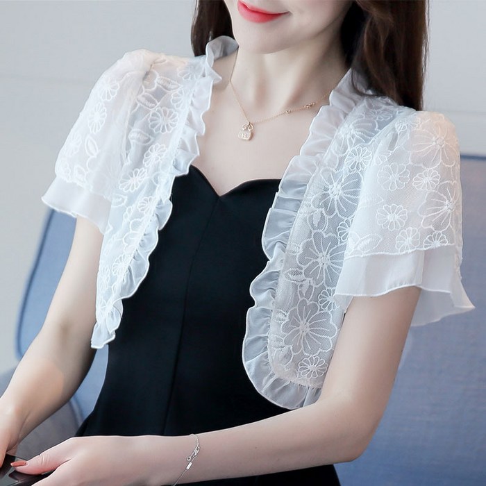 로맨틱홀리데이 여름 여성 쉬폰 플라워 볼레로 가디건 숏 미니 레이스 자켓 GL1144 - 1208 대표 이미지 - 흰색 가디건 추천