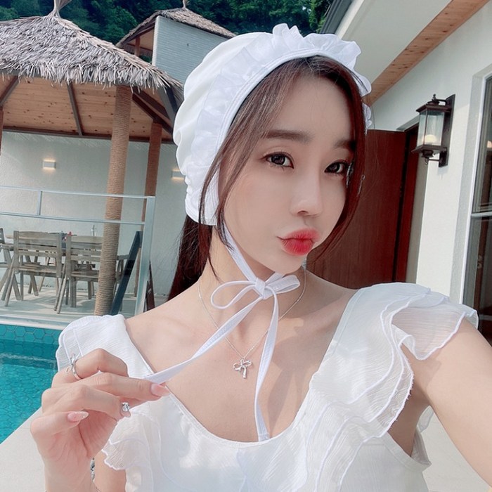큐티 레이스프릴 수영모자 성인수영모자 여자수영모자, 블랙 대표 이미지 - 레이스 수영복 추천