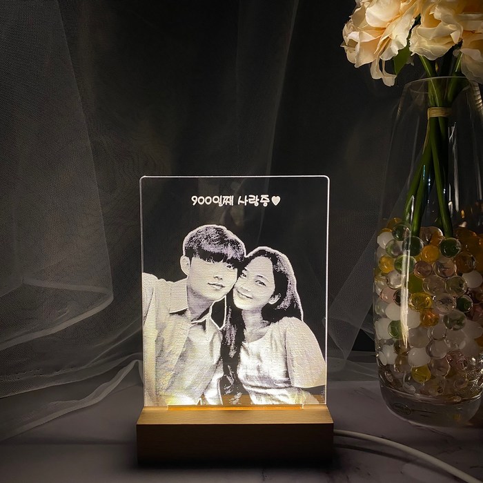 자체제작 아크릴무드등 결혼기념일 커플 부모님선물 led사진 각인조명 취침 센스 얼굴 포토, 우드10cm