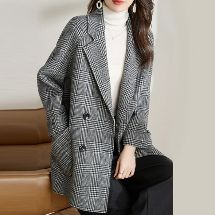 [오버나인] 여성 데일리 체크 울터치 루즈핏 더블코트 대표 이미지 - 여자 봄 자켓 추천