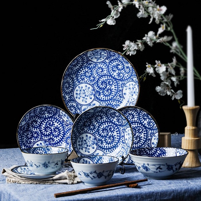 재아몰 틴플레이트 수입 있다 옛날 가마 블루 아름답다 청 자기무늬 대접그릇 가정용 식기 홈 독창적 콤비네이션, 8건, 블루 비단마루 무늬 8들다 그릇 공기