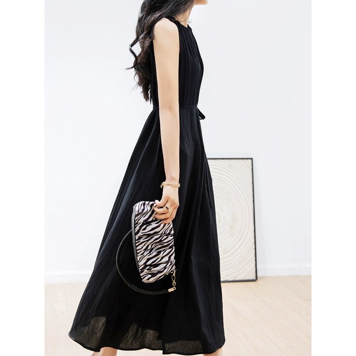 2025 신상프렌치 스타일 롱 원피스 주름 디자인 허리끈 슬림 핏 N0032