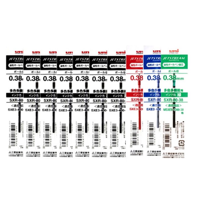 유니 제트스트림 3색펜 4색펜 멀티펜 리필심 10개 SXR-80-38 SXR-80-05 SXR-80-07, 다색펜(멀티펜) 리필 0.38 혼합 10개 대표 이미지 - 제트스트림 볼펜 추천