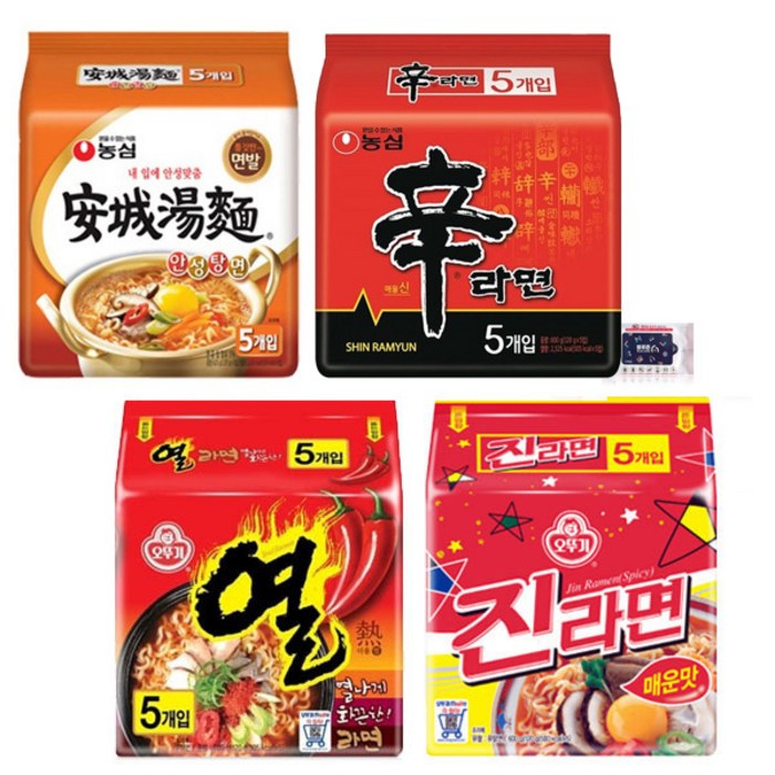 농심 오뚜기 봉지라면 4종 (신라면5p + 안성탕면 5p + 진라면매운맛5P + 열라면5P) + 블루존물티슈, 1세트 대표 이미지 - 장칼국수 라면 추천