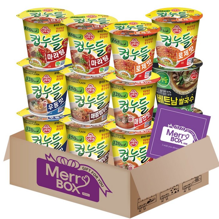 메리박스 컵누들 모듬라면 12개세트(마라탕x2+매콤한맛x2+우동맛x2+매콤찜닭x2+로제맛x2+베트남쌀국수x2)+메세지카드, 12개 대표 이미지 - 점보라면 추천