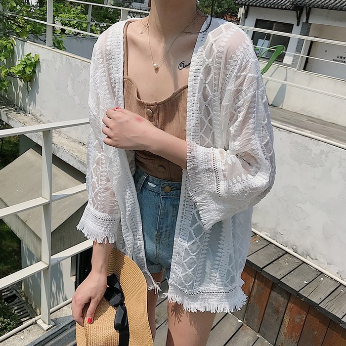 하나뿐인걸 수술 가디건 레이스 로브 여름 롱가디건 커버업 비치웨어 보헤미안 루즈핏 빅사이즈 비키니 대표 이미지 - 레이스 수영복 추천