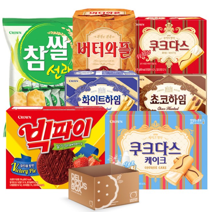 [냠냠상회] 참쌀선과+쵸코하임+쿠크다스+빅파이+버터와플+쿠크다스케이크 크라운7종 과자세트, 1세트 대표 이미지 - 사무실 간식 추천