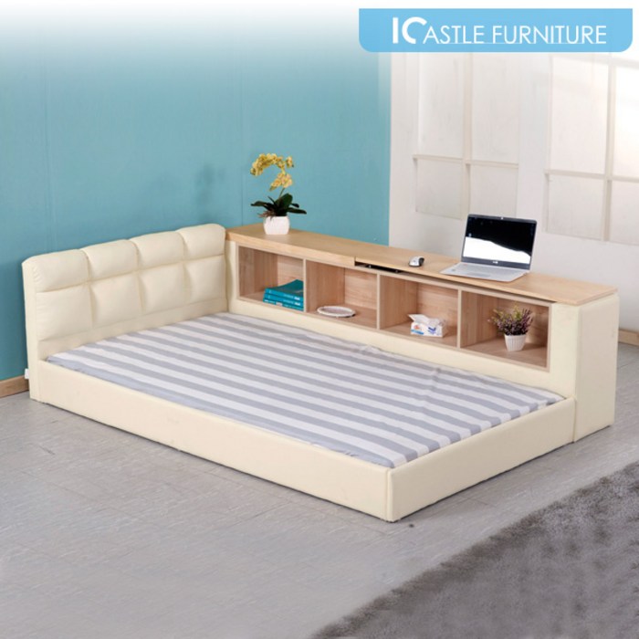 아이캐슬 칼리 특허 수납테이블 저상형 슈퍼싱글 침대, 아이보리(누웠을때 수납테이블좌측)