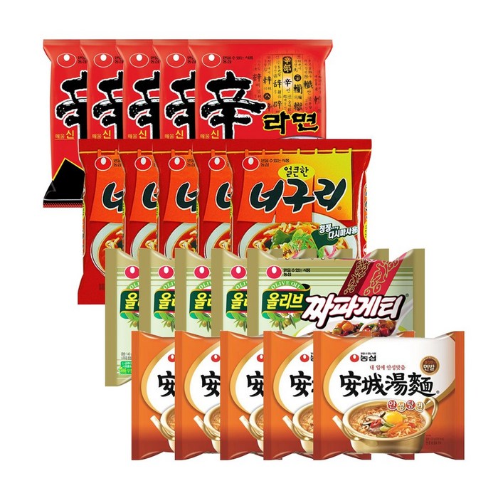 농심 신라면 120g x 5p + 안성탕면 125g x 5p + 얼큰 너구리 120g x 5p + 짜파게티 140g x 5p, 20개입 대표 이미지 - 생라면 추천