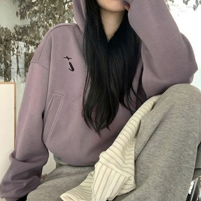 더플로우커머스 여성용 데일리 루즈핏 캐주얼 후드 맨투맨