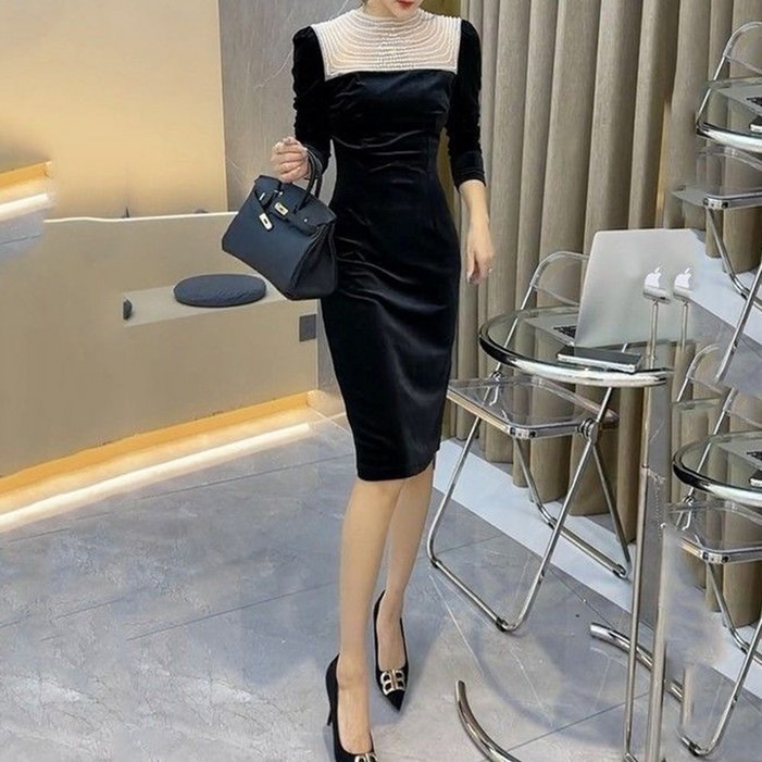 비비에모 샤벳 진주 블링 벨벳 햅번 원피스 11033