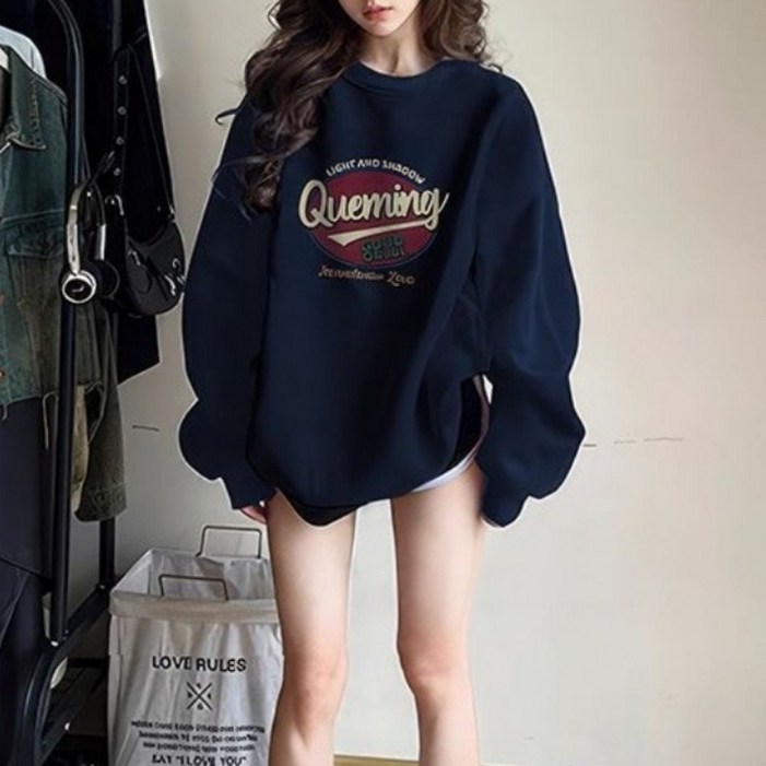 아이엠몽 여성용 오버핏 라운드넥 프린팅 긴팔 맨투맨 티셔츠 R6S153