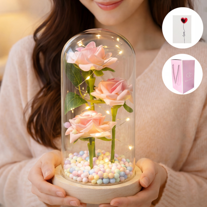 Norvee 유리돔 조화 장미 플라워 무드등 발렌타인데이 어버이날 감성 선물 귀여운 카드 포함