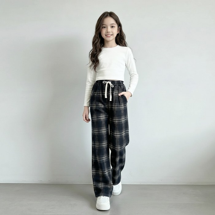핑크비 트윌체크팬츠 주니어 초등학생 중학생 체크 와이드핏 바지 130170호