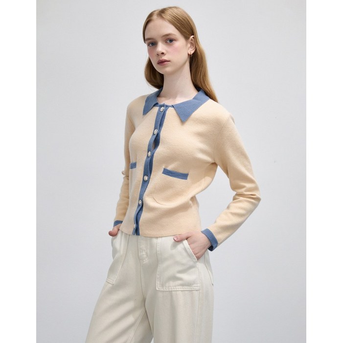 르샵 본사직영 카라 단작 배색 버튼 가디건-LC42KC410