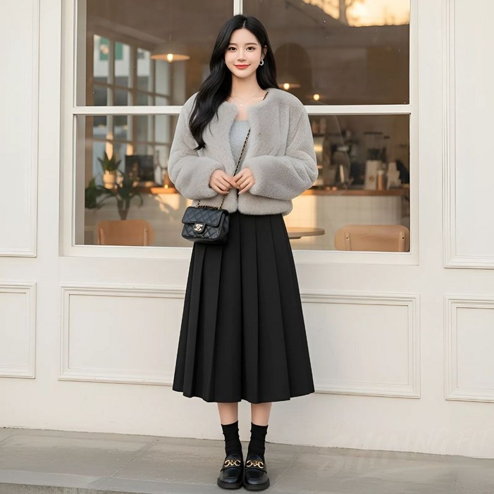 샤이닝핏 편한 모직 플리츠 뒷밴딩 플레어 롱스커트
