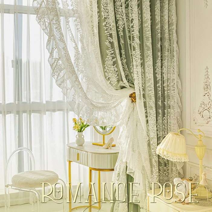 이중 프릴 레이스 아일렛형핀레일형 거실속 안방암막커튼11 2장