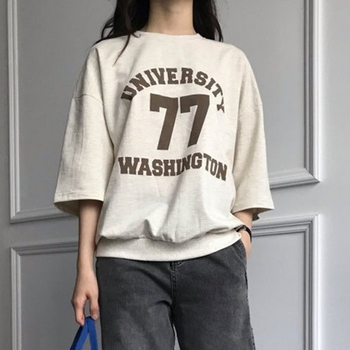 럭키제이 77 레터링 티셔츠 여름 맨투맨 7부 쭈리 여성용 55 66 88