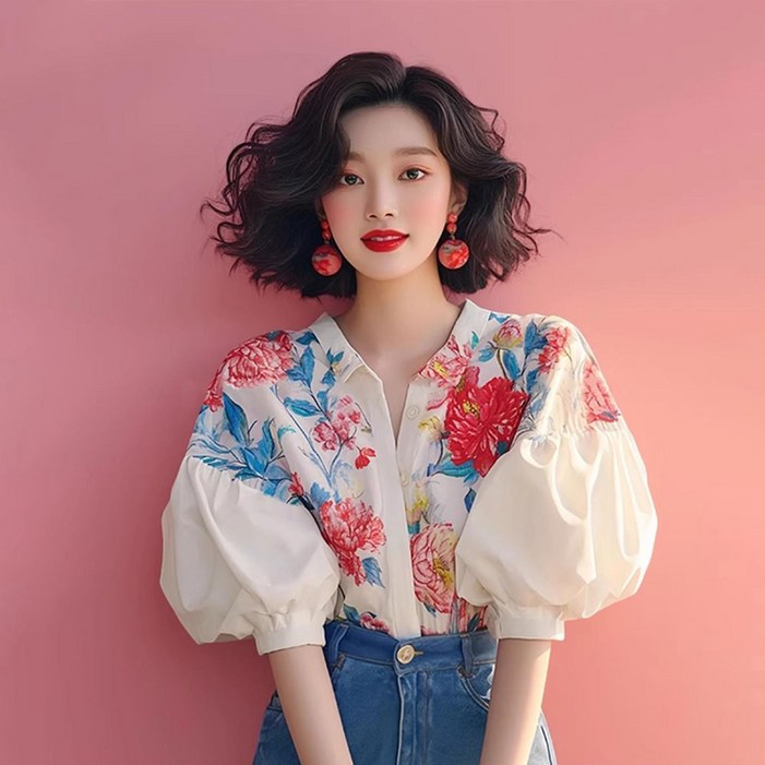지고다그 여성용 여름용 플로럴 퍼프소매 셔츠 스타일 블라우스 감성 디자인 상의 SX69945