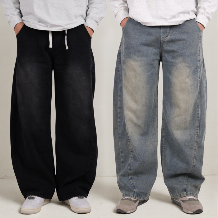 남성 빈티지 워싱 청바지 커브드 컷 빅사이즈 와이드 청바지