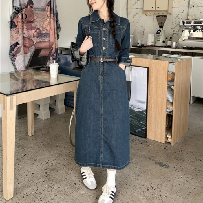 스타일닥터 여성 롱 원피스 데님 원피스 긴팔 벨트 허리 조임 슬림핏 캐주얼 치마