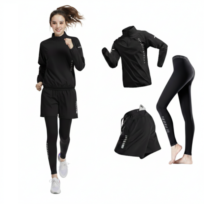 BYMSPORT 여성 런닝복 스포츠웨어 상하 운동복 세트 긴팔포켓반바지긴레깅스