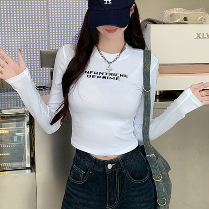 루비루 RB3082 순면 엠보 레터링 쫀쫀 크롭 긴팔 티셔츠