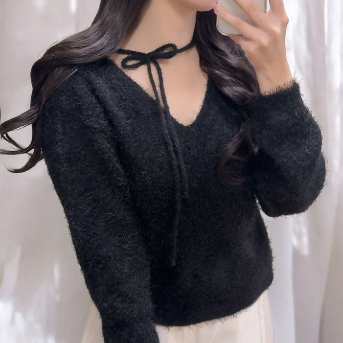 여성 리본 끈 브이넥 루즈핏 긴소매 니트 봄 가을