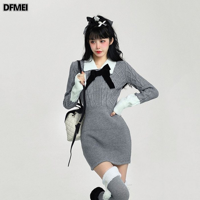 DFMEI 진나이스 니트원피스 학원풍 스웨터 여순욕 날씬해 보이는 기질 힙스터 겨울 레깅스 스커트