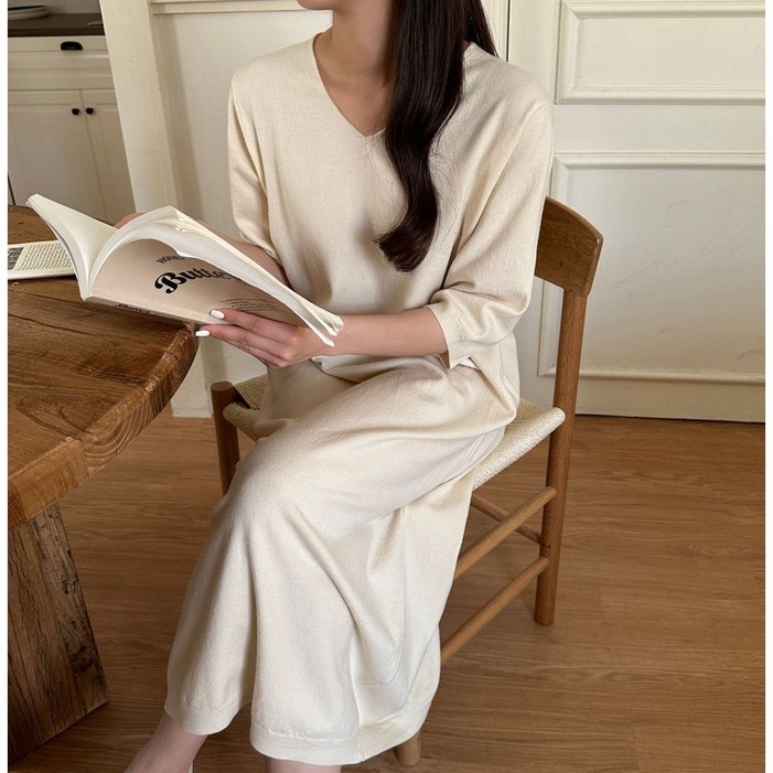 바이위시 부드러운 7부소매 롱 니트 원피스 빅사이즈