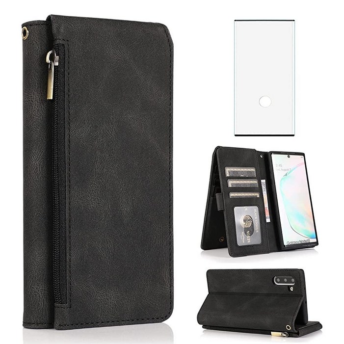 삼성 갤럭시 노트 10 5G 지갑 케이스 강화 유리 액정보호필름 및 지퍼 가죽 플립 커버 카드 홀더 스탠드 셀 액세서리 노트10 10s Ten Not S10 여성용 남성용 블랙