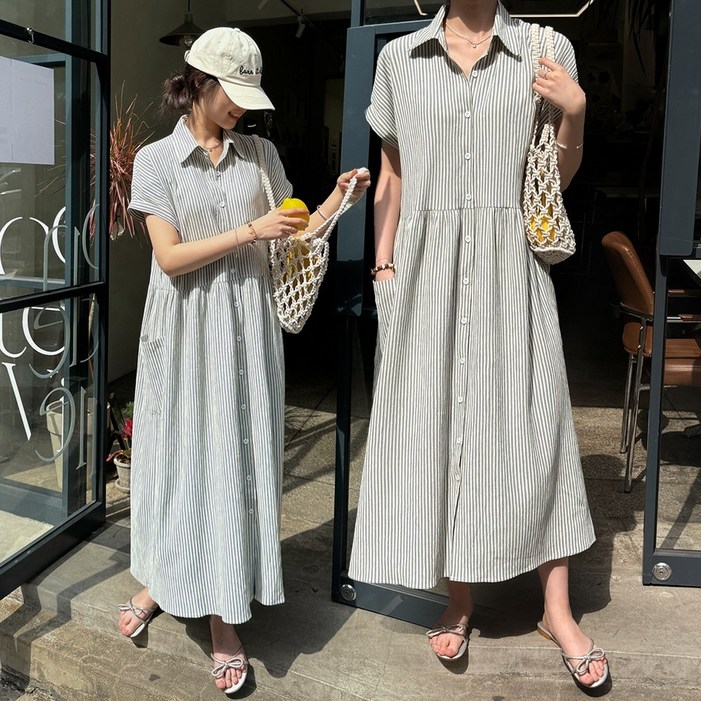 데일리앤 어반 루즈핏 캡소매 스트라이프 지지미 반팔 롱 셔츠 원피스 여름 휴양지 빅사이즈