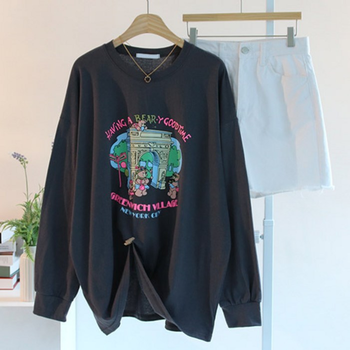 에스제이룩 여성용 여행베어박스 오버핏 빅사이즈 긴팔 티셔츠