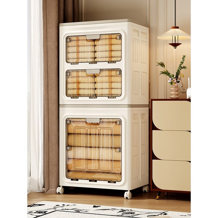 원스 특대형 투명 이동식 수납정리함 적층식 폴딩 리빙박스, 1세트, 크림 화이트 2개