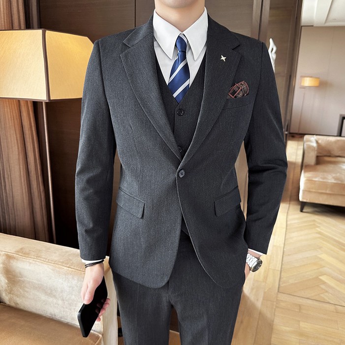 Titikong남성용 정장세트 하객룩 수트 사계절 기본 캐주얼 정장 3피스세트 코트  바지 조끼